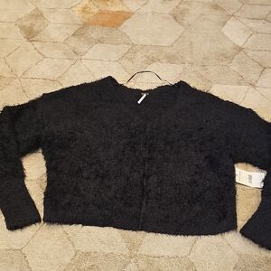 Free People Black V-Neck Sweater with Textured Knit